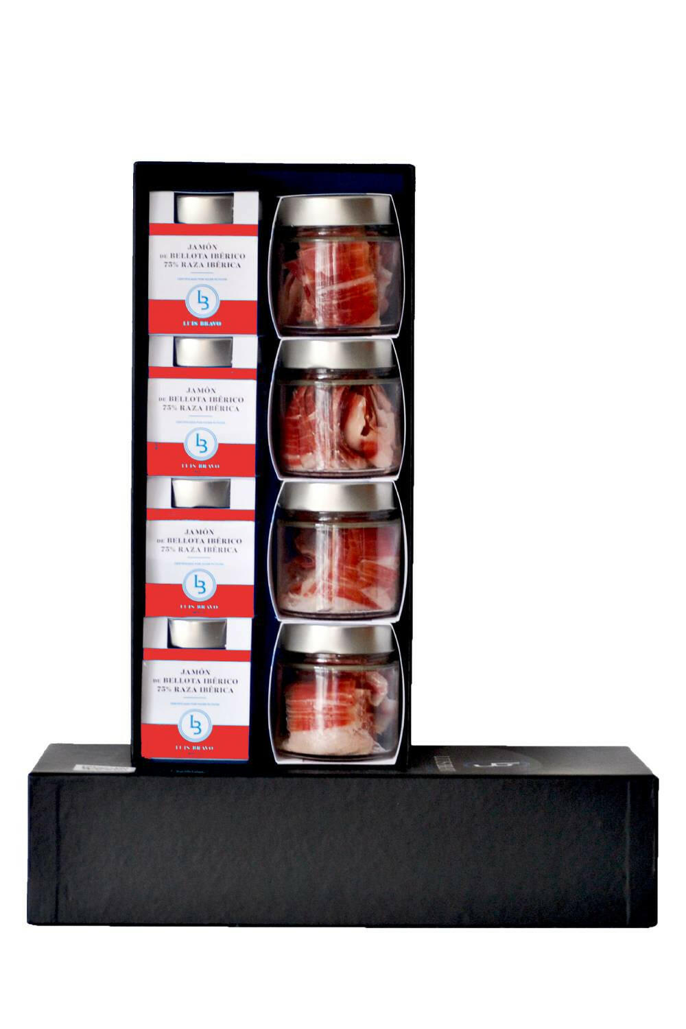 ESTUCHE 8 TARROS JAMÓN DE BELLOTA IBÉRICO 50% RAZA IBÉRICA CORTADO A CUCHILLO - IBÉRICOS LUIS BRAVO