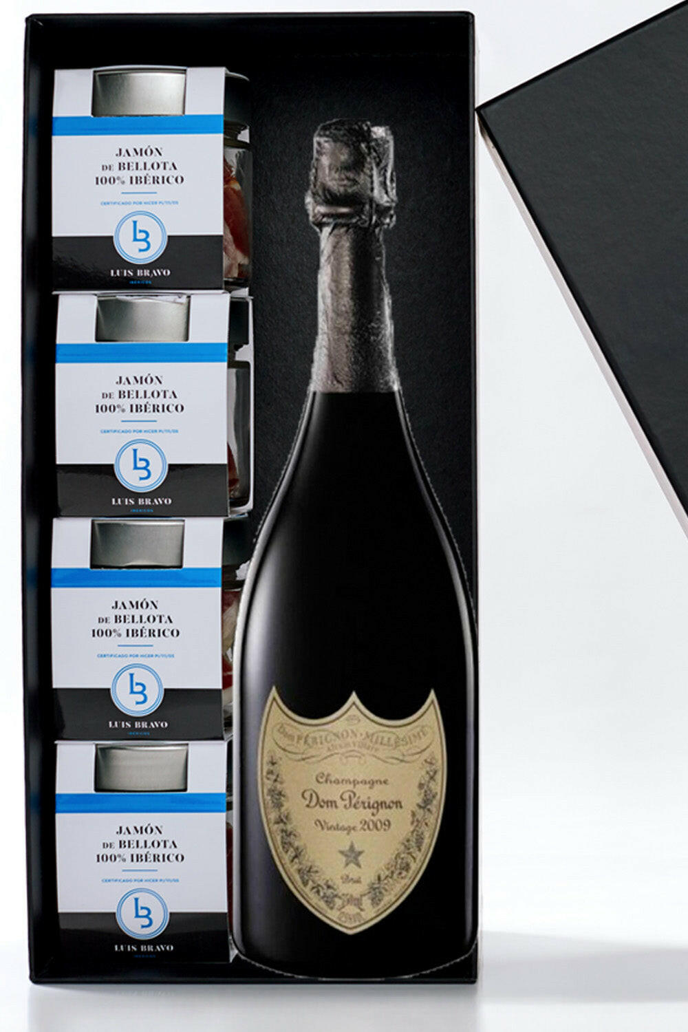 ESTUCHE 4 TARROS DE JAMÓN DE BELLOTA 100% IBÉRICO + CHAMPAGNE DOM PERIGNON - IBÉRICOS LUIS BRAVO
