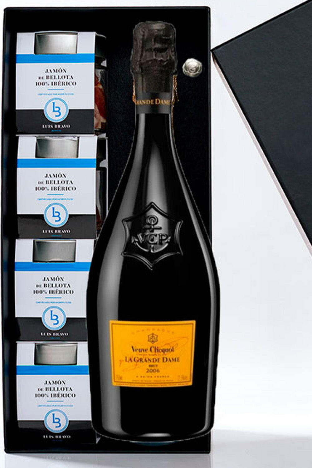 ESTUCHE 4 TARROS DE JAMÓN DE BELLOTA 100% IBÉRICO + CHAMPAGNE LA GRANDE DAME V CLICQUOT - IBÉRICOS LUIS BRAVO