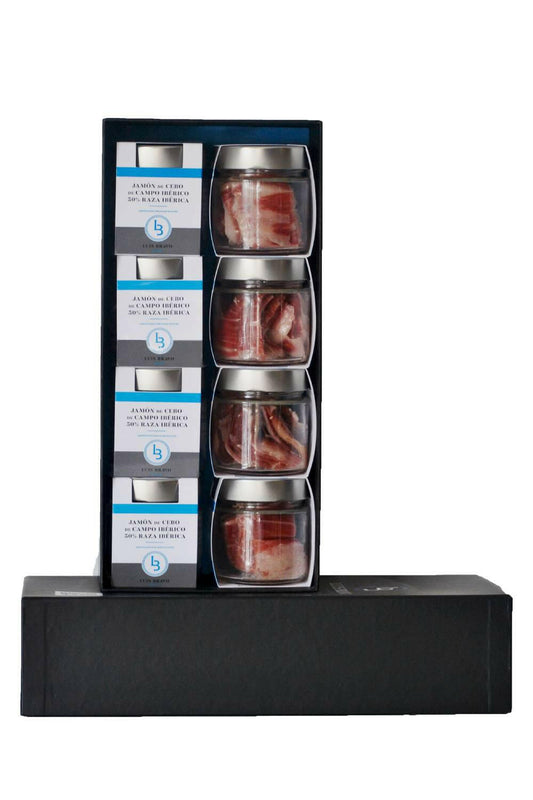 ESTUCHE 8 TARROS JAMÓN DE CEBO DE CAMPO  IBÉRICO 50% RAZA IBÉRICA CORTADO A CUCHILLO - IBÉRICOS LUIS BRAVO