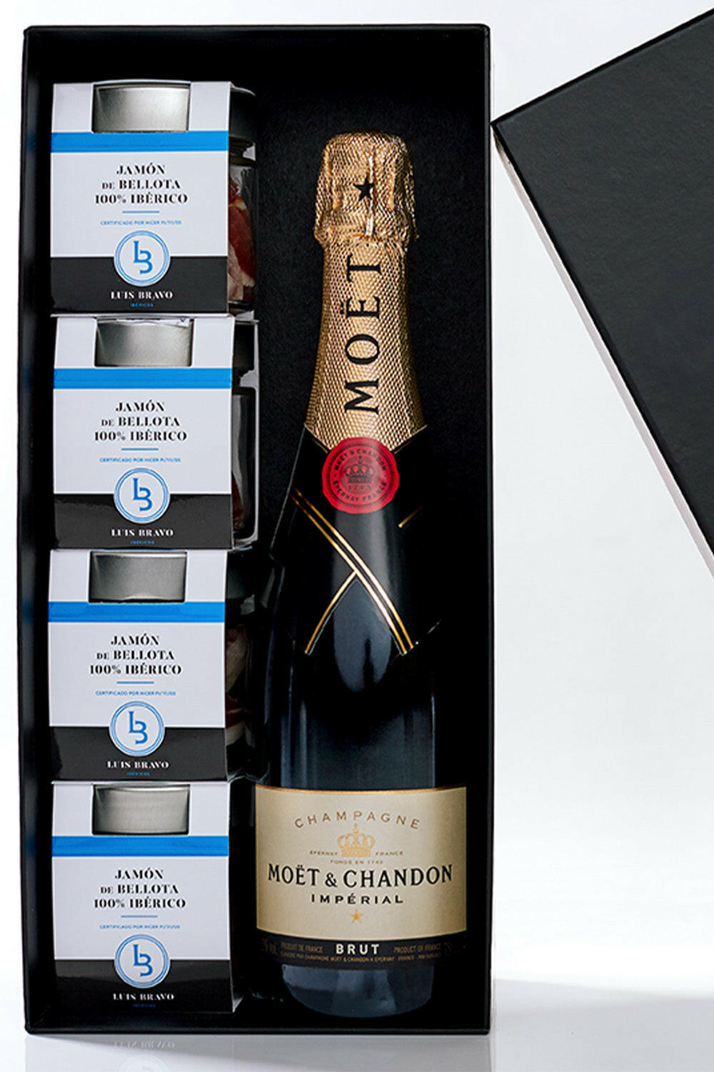 ESTUCHE 4 TARROS DE JAMÓN DE BELLOTA 100% IBÉRICO + CHAMPAGNE MÖET CHANDON - IBÉRICOS LUIS BRAVO