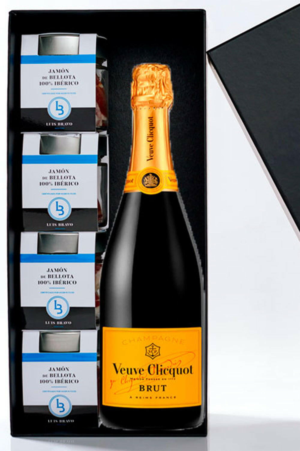 ESTUCHE 4 TARROS DE JAMÓN DE BELLOTA 100% IBÉRICO + CHAMPAGNE VEUVE CLICQUOT - IBÉRICOS LUIS BRAVO